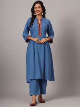 DART STUDIO - Blue Full Sleeve Chinese Collar Hand embroidered Cotton Anarkali Kurta