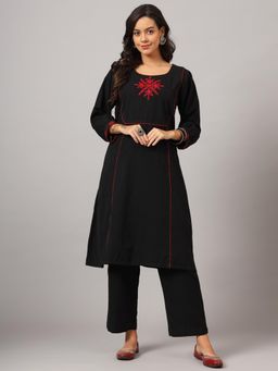 DART STUDIO - Black Hand Embroidered Full Sleeve U Neck Pure Kurta with Pant (Set of 2)