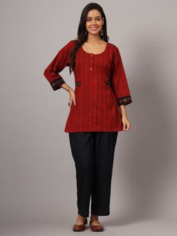 DART STUDIO - Maroon Stripe Hand Embroidered Top with Pant (Set of 2)