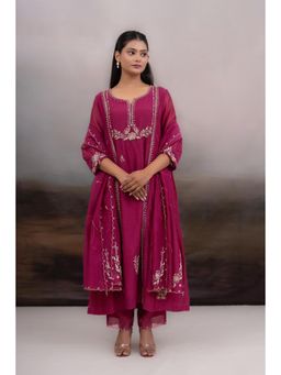 Tatwa Designs - Rani Pink Gold Rose Anarkali Kurta With Pant and Dupatta (Set of 3)