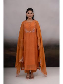 Tatwa Designs - Rust Orange Beaded Bageecha Kurta with Pant and Dupatta (Set of 3)