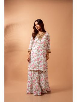 Maison Shefali - Linen Digital Print Green Kali Sharara with Kurti (Set of 2)