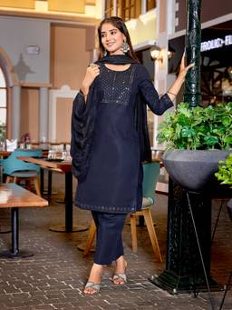 Gahan - Womens Navy Blue Yoke Sequence Work Embroidered Kurta & Pant with Dupatta