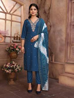 Gahan - Womens Navy Blue Viscose Yoke Design Embroidered Kurta & Pant with Dupatta