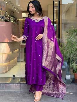 Gahan - Womens Solid Embroidered Straight Kurta & Pant with Dupatta