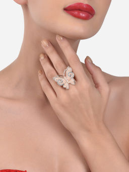 Zaveri Pearls - Gold Tone Austrian Diamonds & Pearls Butterfly Finger Ring-ZPFK12923