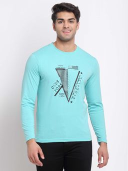 Club York - Men Turquoise Printed Raw Edge T-Shirt