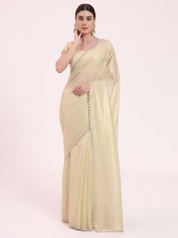 FIORRA - Women's Cream Organza Crushed Siroski Work Embellished Border Saree with Unstitched Blouse