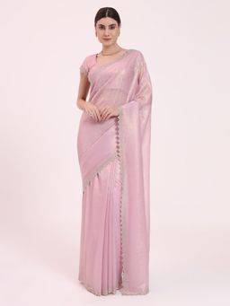 FIORRA - Women's Pink Organza Crushed Siroski Work Embellished Border Saree with Unstitched Blouse