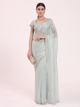 FIORRA - Women's Light Green Organza Crushed Siroski Embellished Border Saree with Unstitched Blouse