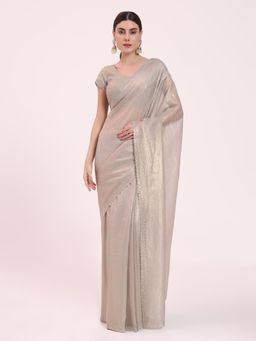 FIORRA - Women's Grey Organza Crushed Siroski Work Embellished Border Saree with Unstitched Blouse