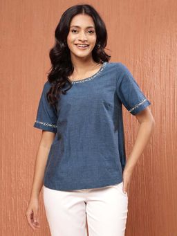 Fabindia - Blue Cotton Waist Length Top