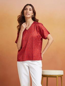 Fabindia - Red Rayon Blend Printed Top