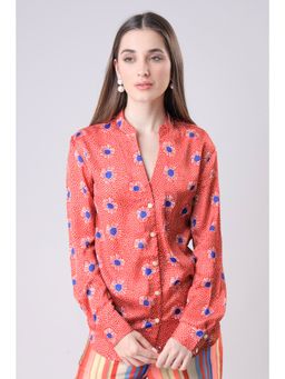 NEOFAA - Women Red Floral Mandarin Collar Shirt