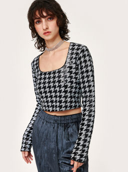 Cider - Talk About It Houndstooth Cropped Long Sleeve Top