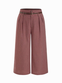 Cider - Houndstooth Mid Waist Belted Wide Leg Trousers Curve & Plus