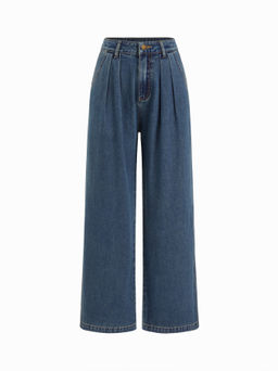 Cider - Denim Mid Rise Pleated Wide Leg Jeans