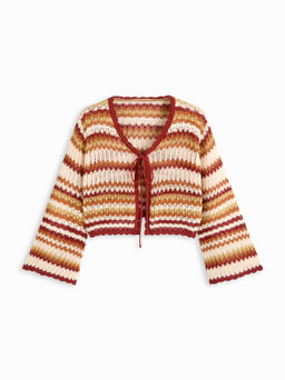 Cider - V-neck Striped Lace Up Knitted Long Sleeve Cardigan Curve & Plus