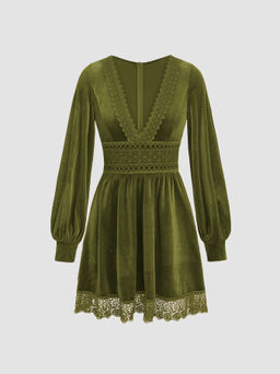 Cider - Velvet V-neck Lace Mini Dress