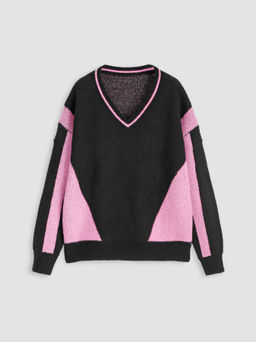 Cider - V-neck Solid Contrasting Binding Knitted Long Sleeve Top