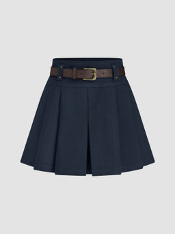 Cider - Mid Waist Solid Pleated Skort with Belt
