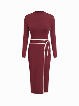 Cider - Turtleneck Belted Bowknot Knitted Maxi Dress