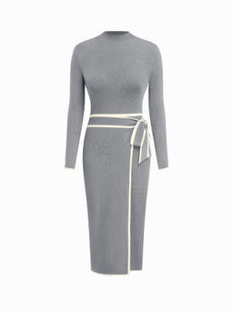 Cider - Turtleneck Belted Bowknot Knitted Maxi Dress