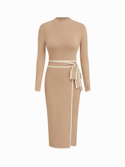 Cider - Turtleneck Belted Bowknot Knitted Maxi Dress