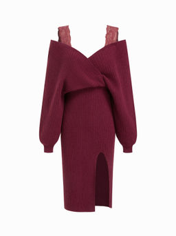 Cider - Knit Off-Shoulder Wrap Lace Split Midi Dress