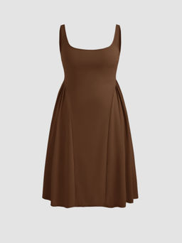 Cider - Woven Square Neck Solid Ruffle Midi Dress Curve & Plus