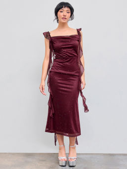 Cider - Cowl Neck Solid Glitter Ruffle Hem Midi Dress