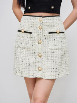 Cider - Tweed Mid Rise Solid Faux Pearl Button Mini Skirt