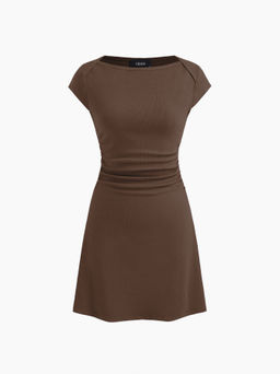 Cider - Cotton-blend Boat Neck Solid Ruched Mini Dress