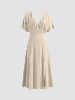 Cider - Linen-blend V-neck Solid Ruffle Split Maxi Dress