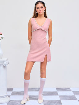 Cider - Knitted V-neck Solid Bowknot Split Mini Dress