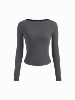 Cider - Cotton-blend Boat Neck Solid Long Sleeve Top