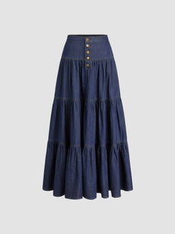 Cider - Denim High Rise Solid Tiered Button Pocket Maxi Skirt