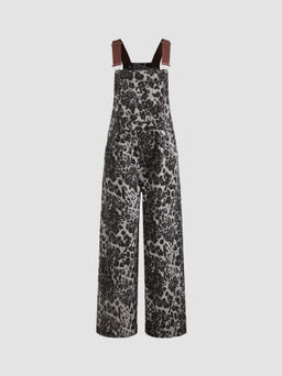 Cider - Denim Leopard Pocket Buckle Up Wide Leg Oversized Jumpsuit