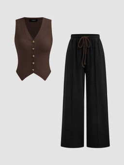 Cider - Cotton-blend V-neck Solid Button Vest & Mid Rise Knotted Pocket Straight Leg Trousers Set