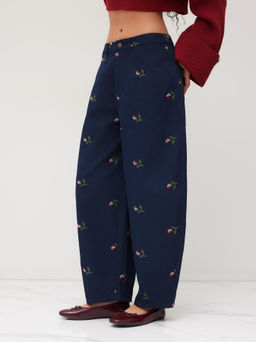 Cider - 100% Cotton Mid Rise Embroidery Barrel-leg Trousers