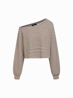 Cider - Cotton-blend Asymmetrical Neck Stripe Oversized Crop Sweatshirt