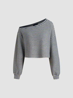 Cider - Cotton-blend Asymmetrical Neck Stripe Oversized Crop Sweatshirt