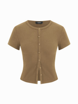 Cider - Round Neckline Solid Button Short Sleeve Top