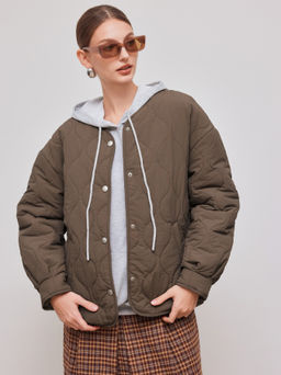 Cider - Round Neckline Solid Fleece-Lined Pocket Puffer