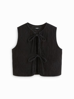Cider - Denim Round Neckline Solid Tie Front Knotted Vest