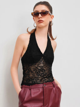 Cider - Lace Halter Neckline Bowknot Tank Top