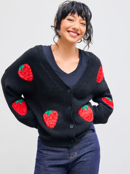 Cider - Knit V-neck Strawberry Button Cardigan