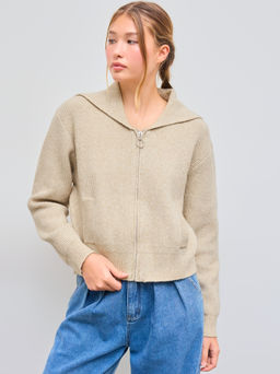 Cider - Knit Wool-blend Collar Solid Zipper Pocket Cardigan