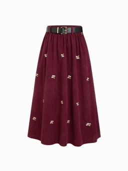 Cider - Corduroy Mid Rise Floral Embroidery Ruffle Pocket Maxi Skirt With Belt