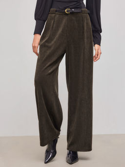 Cider - Corduroy Mid Rise Solid Pocket Straight Leg Trousers With Belt